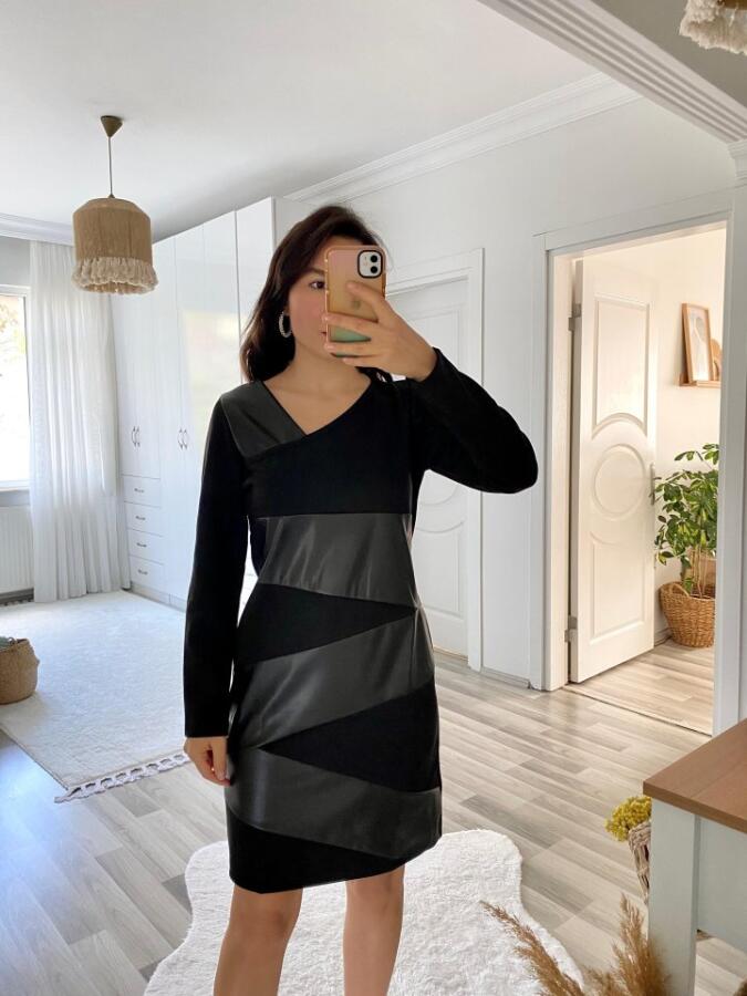 Kadın Uzun Kollu Asimetrik Yaka Süet Ve Deri Mini Boy Elbise - 4