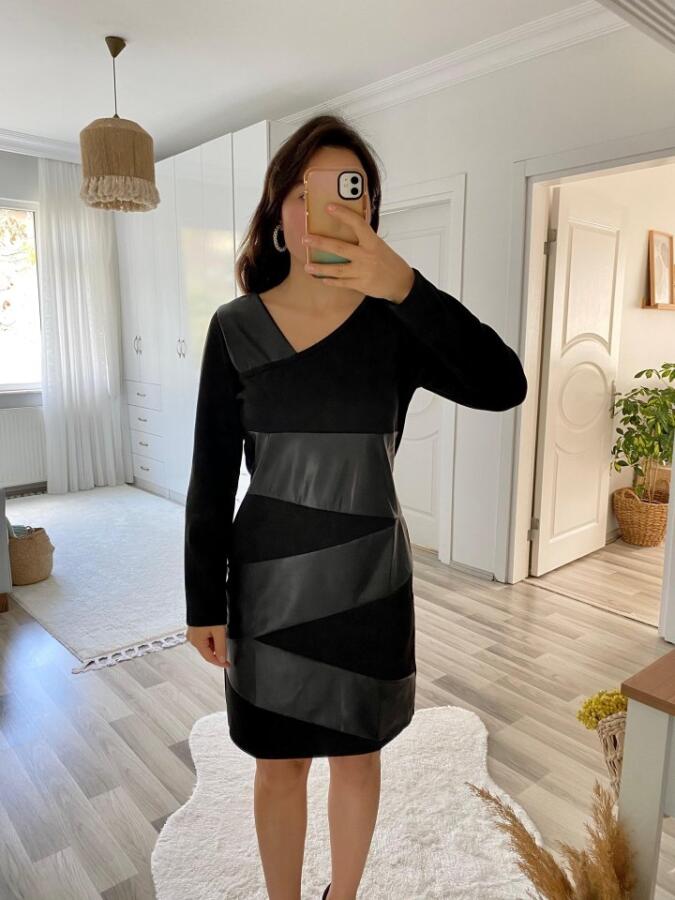 Kadın Uzun Kollu Asimetrik Yaka Süet Ve Deri Mini Boy Elbise - 6
