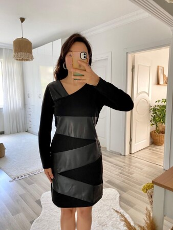 Kadın Uzun Kollu Asimetrik Yaka Süet Ve Deri Mini Boy Elbise - 7