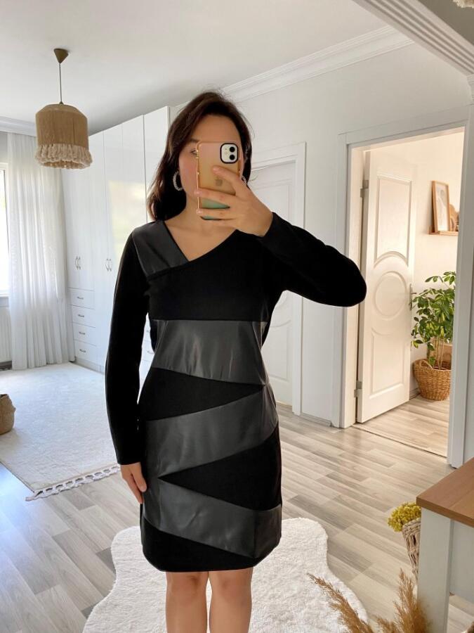 Kadın Uzun Kollu Asimetrik Yaka Süet Ve Deri Mini Boy Elbise - 7