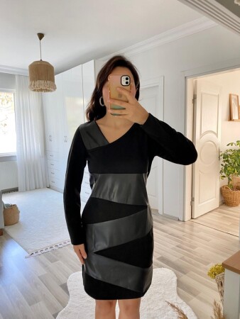 Kadın Uzun Kollu Asimetrik Yaka Süet Ve Deri Mini Boy Elbise - 8