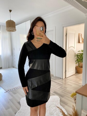 Kadın Uzun Kollu Asimetrik Yaka Süet Ve Deri Mini Boy Elbise - 9