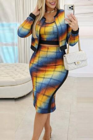 Kadın Uzun Kollu Askılı Yuvarlak Yaka Desenli Dalgıç Bluz Ceket Ve Etek üçlü Takım - ANGELINO BuyukBedeniz