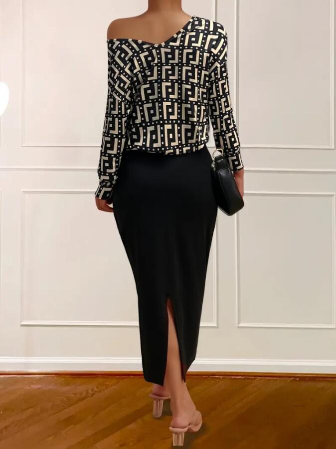 Kadın Uzun Kollu Askılı Yuvarlak Yakalı Yırtmaçlı Dalgıç Elbise Ile Yakalı Yunan Desenli Bluz Ikili Takım - 2