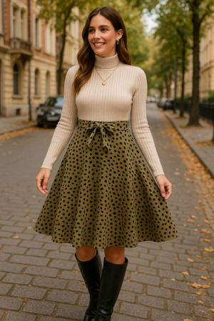 Kadın Uzun Kollu Balıkçı Yaka Belden Bağlamalı üst Kaşkorse Eteği Dalgıç Elbise - ANGELINO BuyukBedeniz