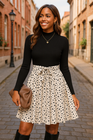 Kadın Uzun Kollu Balıkçı Yaka Belden Bağlamalı üst Kaşkorse Eteği Dalgıç Kısa Elbise - ANGELINO BuyukBedeniz