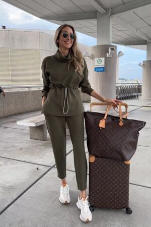 Kadın Uzun Kollu Balıkçı Yaka Belden Lastikli Modal Bluz Ve Pantolon Ikili Takım - 1