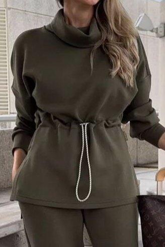 Kadın Uzun Kollu Balıkçı Yaka Belden Lastikli Modal Bluz Ve Pantolon Ikili Takım - 3