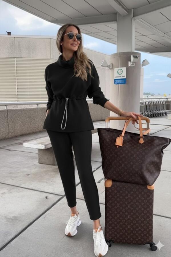 Kadın Uzun Kollu Balıkçı Yaka Belden Lastikli Modal Bluz Ve Pantolon Ikili Takım - 1