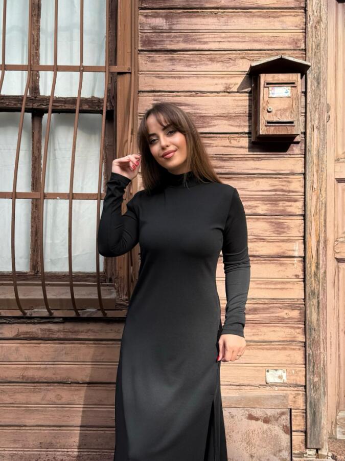 Kadın Uzun Kollu Balıkçı Yaka Derin Yırtmaç Detay Krep Elbise - 10