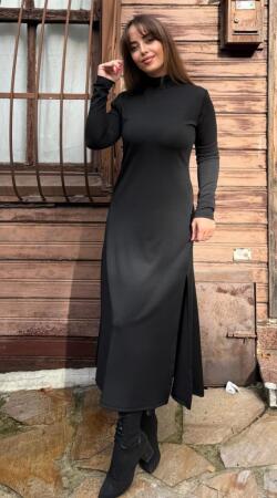 Kadın Uzun Kollu Balıkçı Yaka Derin Yırtmaç Detay Krep Elbise - 12