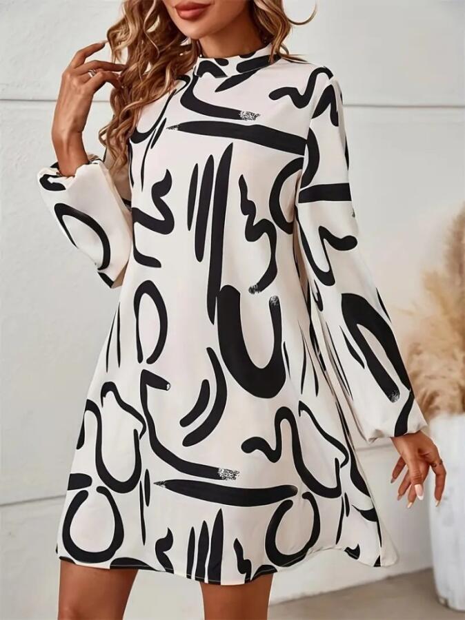 Kadın Uzun Kollu Balıkçı Yaka Desenli şardonlu Dalgıç Elbise - 1