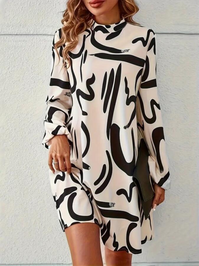 Kadın Uzun Kollu Balıkçı Yaka Desenli şardonlu Dalgıç Elbise - 2