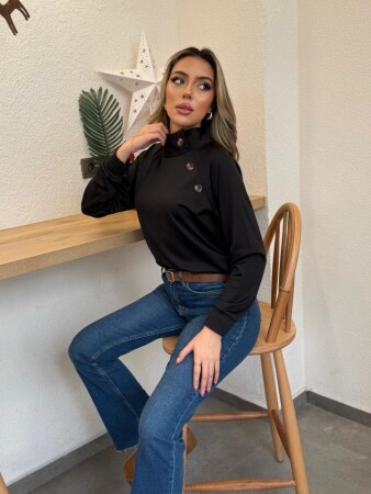 Kadın Uzun Kollu Balıkçı Yaka Düğme Detay şardonlu Dalgıç Bluz - 2