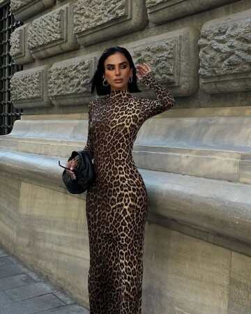 Kadın Uzun Kollu Balıkçı Yaka Gull Likralı Leopar Desen Maxi Boy Elbise - 4