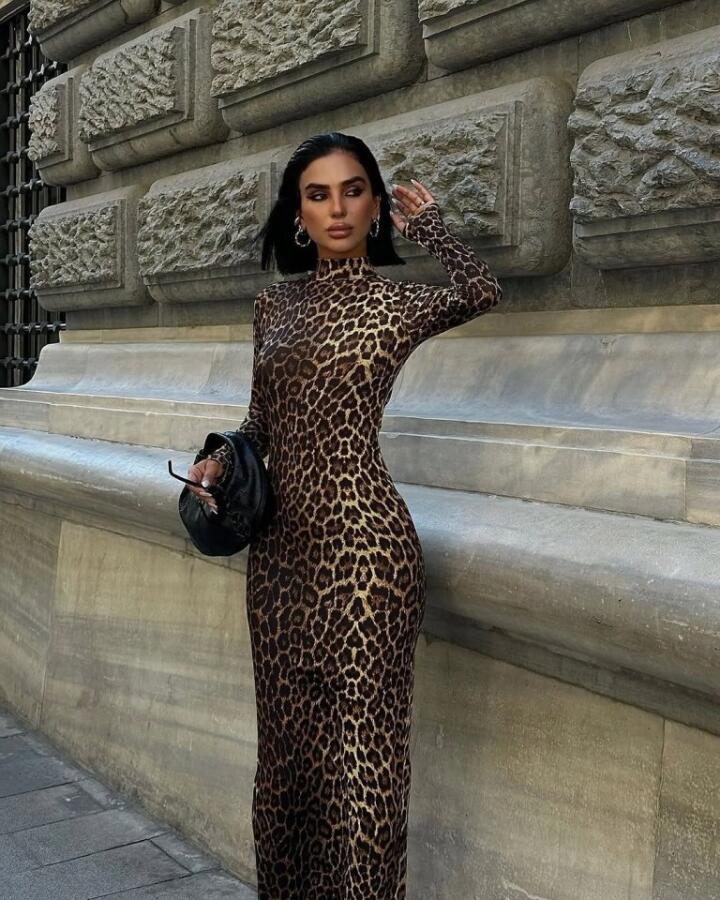 Kadın Uzun Kollu Balıkçı Yaka Gull Likralı Leopar Desen Maxi Boy Elbise - 4