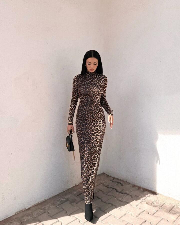 Kadın Uzun Kollu Balıkçı Yaka Gull Likralı Leopar Desen Maxi Boy Elbise - 5