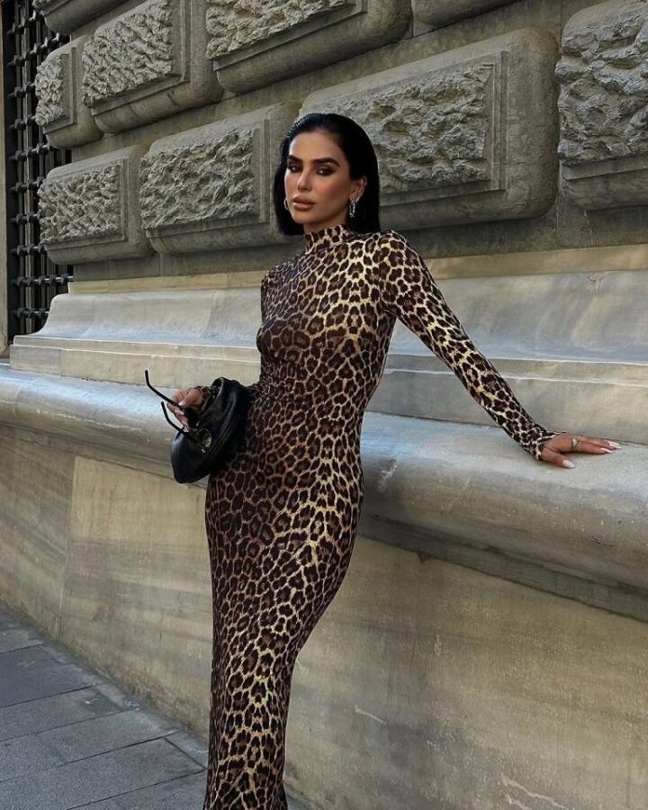 Kadın Uzun Kollu Balıkçı Yaka Gull Likralı Leopar Desen Maxi Boy Elbise - 6