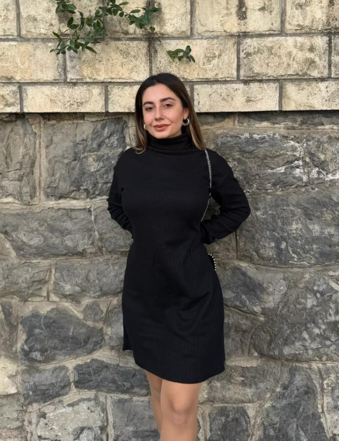 Kadın Uzun Kollu Balıkçı Yaka Kısa şardonlu Kaşkorse Elbise - 1
