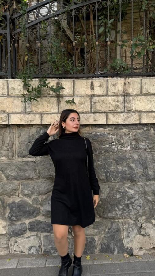 Kadın Uzun Kollu Balıkçı Yaka Kısa şardonlu Kaşkorse Elbise - 2
