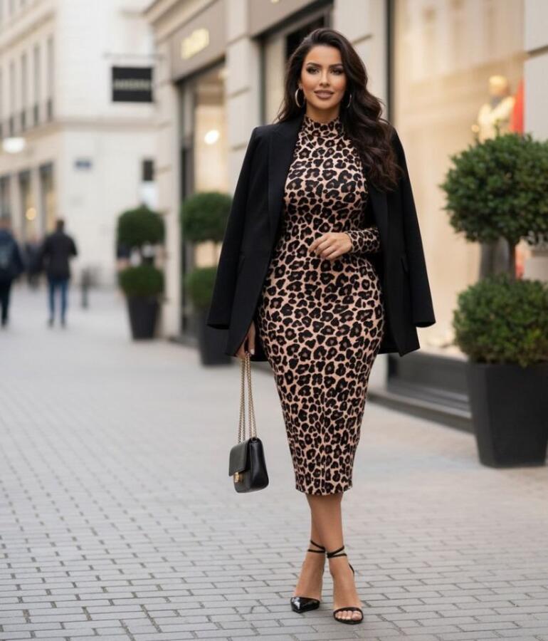 Kadın Uzun Kollu Balıkçı Yaka Leopar Desenli Midi Boy Elbise - 3