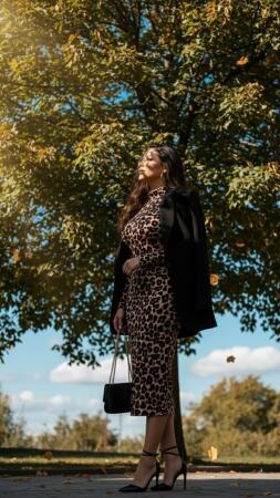 Kadın Uzun Kollu Balıkçı Yaka Leopar Desenli Midi Boy Elbise - 8