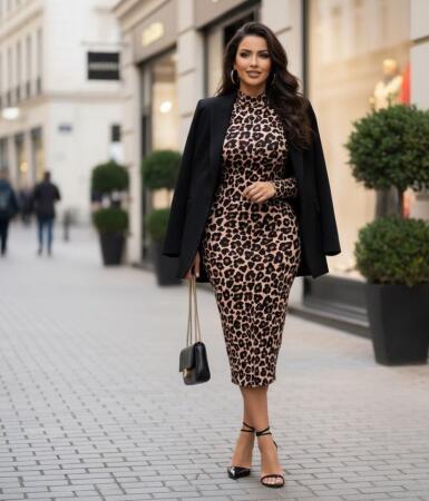 Kadın Uzun Kollu Balıkçı Yaka Leopar Desenli Midi Boy Elbise - 3