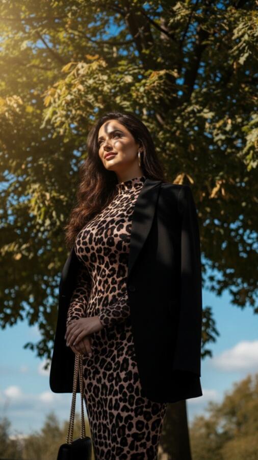 Kadın Uzun Kollu Balıkçı Yaka Leopar Desenli Midi Boy Elbise - 10