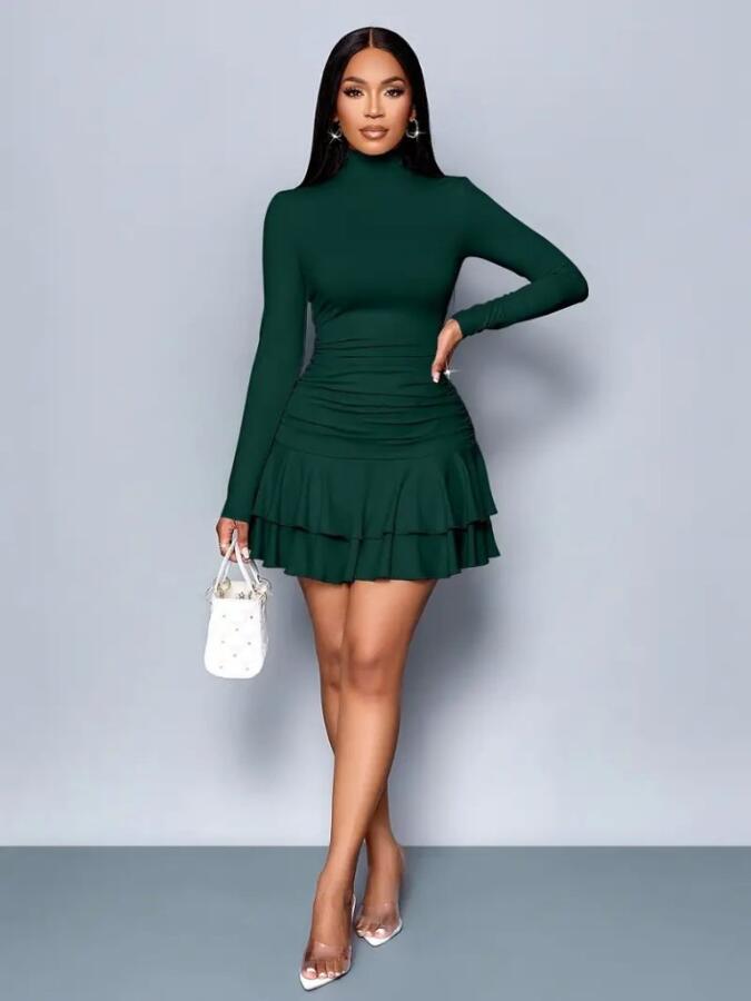 Kadın Uzun Kollu Balıkçı Yaka Mini Fırfırlı Sandy Elbise - 1