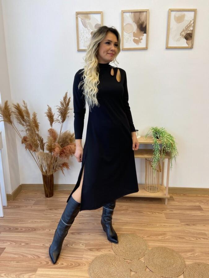 Kadın Uzun Kollu Balıkçı Yaka Omuzda Damla Detaylı Yırtmaçlı Krep Midi Elbise - 2