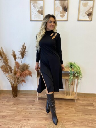Kadın Uzun Kollu Balıkçı Yaka Omuzda Damla Detaylı Yırtmaçlı Krep Midi Elbise - 4