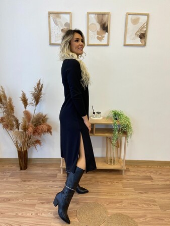 Kadın Uzun Kollu Balıkçı Yaka Omuzda Damla Detaylı Yırtmaçlı Krep Midi Elbise - 6