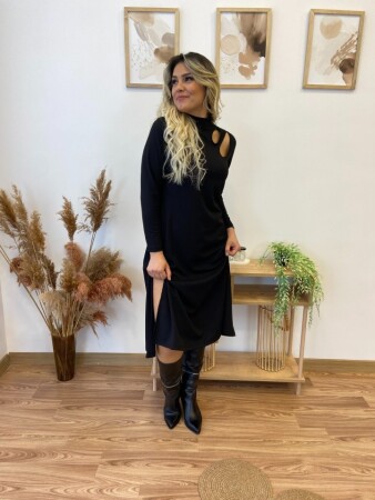 Kadın Uzun Kollu Balıkçı Yaka Omuzda Damla Detaylı Yırtmaçlı Krep Midi Elbise - 8