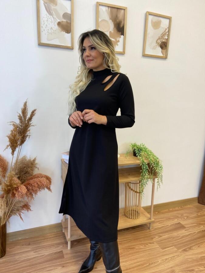 Kadın Uzun Kollu Balıkçı Yaka Omuzda Damla Detaylı Yırtmaçlı Krep Midi Elbise - 10