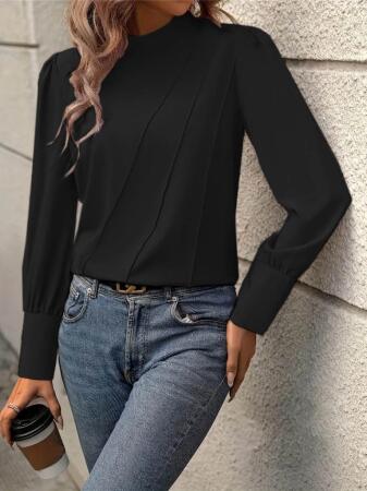 Kadın Uzun Kollu Balıkçı Yaka önden Dikişli Dokuma Bluz - 1