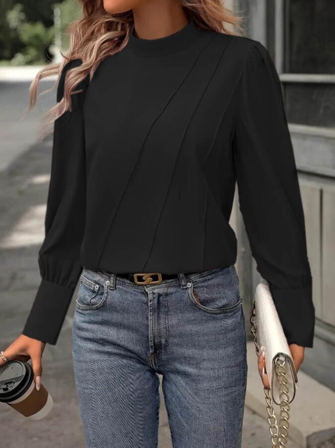 Kadın Uzun Kollu Balıkçı Yaka önden Dikişli Dokuma Bluz - 3