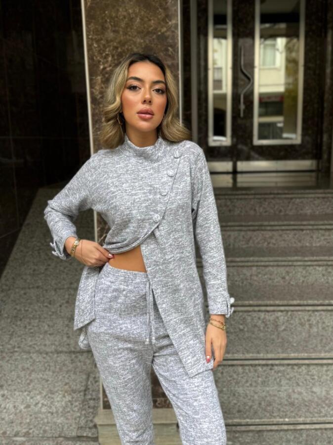 Kadın Uzun Kollu Balıkçı Yaka önden Düğmeli Bluz Ve Pantolon Yumoş Ikili Takım - 2