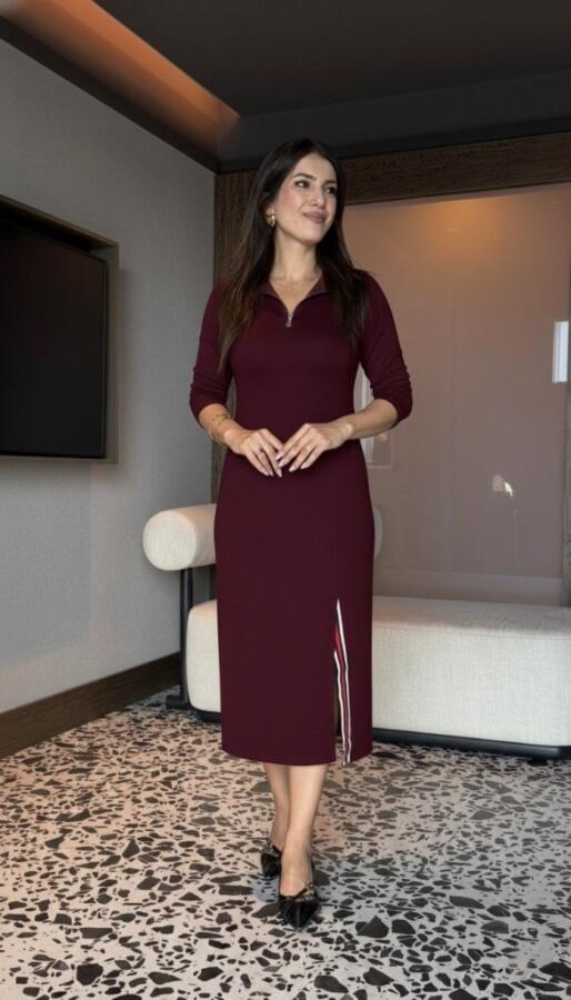 Kadın Uzun Kollu Balıkçı Yaka önden Fermuarlı Yırtmaçlı Midi Viskon Iki Iplik Elbise - 2