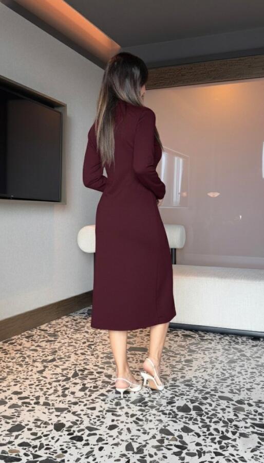 Kadın Uzun Kollu Balıkçı Yaka önden Fermuarlı Yırtmaçlı Midi Viskon Iki Iplik Elbise - 3