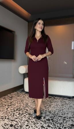 Kadın Uzun Kollu Balıkçı Yaka önden Fermuarlı Yırtmaçlı Midi Viskon Iki Iplik Elbise - ANGELINO BuyukBedeniz (1)