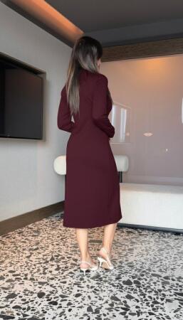 Kadın Uzun Kollu Balıkçı Yaka önden Fermuarlı Yırtmaçlı Midi Viskon Iki Iplik Elbise - 3