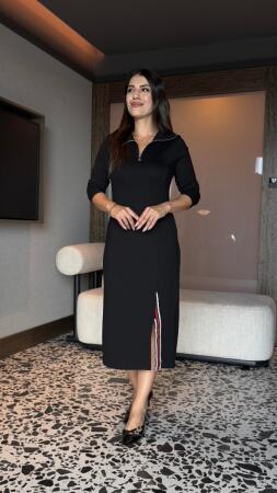 Kadın Uzun Kollu Balıkçı Yaka önden Fermuarlı Yırtmaçlı Midi Viskon Iki Iplik Elbise - ANGELINO BuyukBedeniz