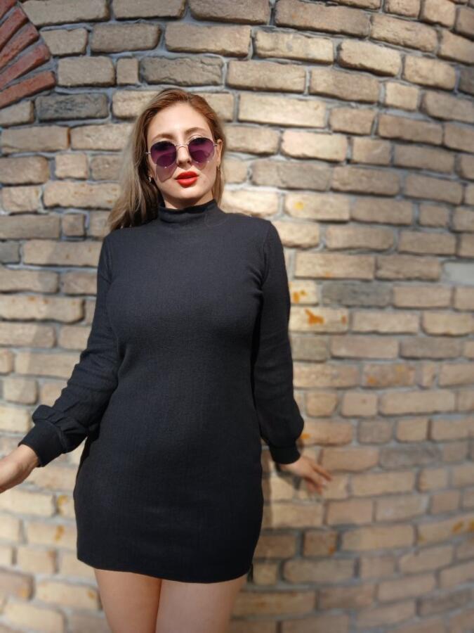 Kadın Uzun Kollu Balıkçı Yaka şardonlu Kaşkorse Elbise - 1
