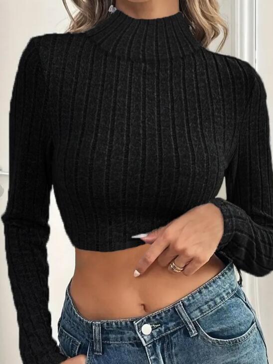 Kadın Uzun Kollu Balıkçı Yaka şardonlu Kaşkorse Krop Bluz - 2