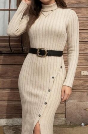 Kadın Uzun Kollu Balıkçı Yaka Yırtmaçlı Düğmeli şardonlu Kaşkorse Elbise - ANGELINO BuyukBedeniz (1)