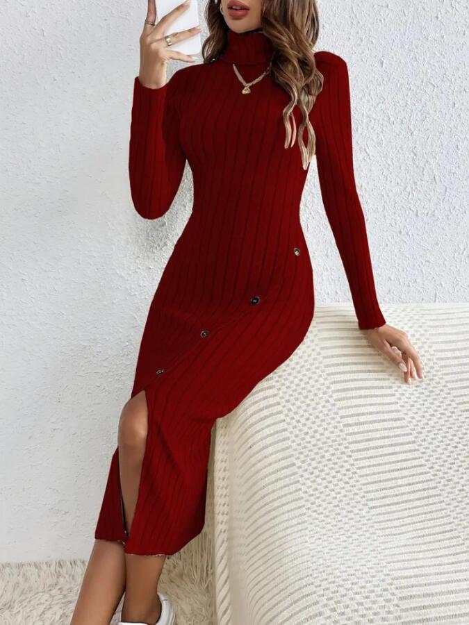 Kadın Uzun Kollu Balıkçı Yaka Yırtmaçlı Düğmeli şardonlu Kaşkorse Elbise - 1