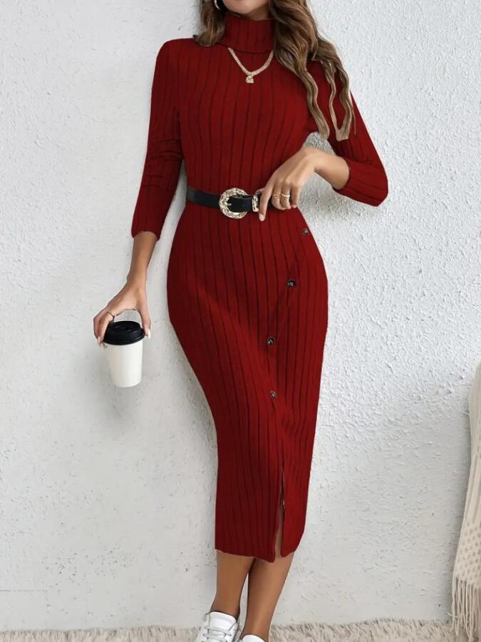 Kadın Uzun Kollu Balıkçı Yaka Yırtmaçlı Düğmeli şardonlu Kaşkorse Elbise - 3