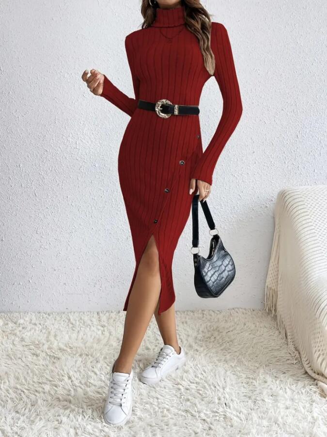 Kadın Uzun Kollu Balıkçı Yaka Yırtmaçlı Düğmeli şardonlu Kaşkorse Elbise - 4