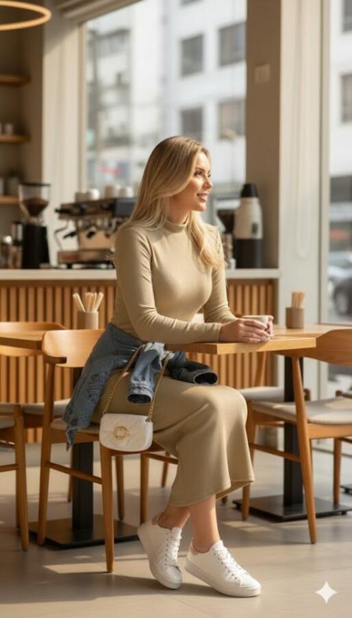 Kadın Uzun Kollu Balıkçı Yakalı Yanlardan Yırtmaçlı Kaşkorse Maxi Elbise - 3