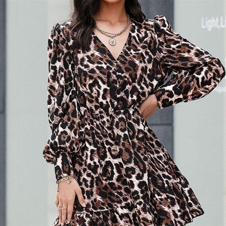 Kadın Uzun Kollu Beli Lastikli Etek Ucu Volanlı Leopar Desen Krep Elbise - 3